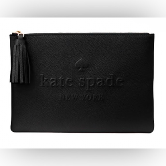 New Kate Spade Sienne Logo Black Leather Large Zipper Clutch Pouch with Tassel